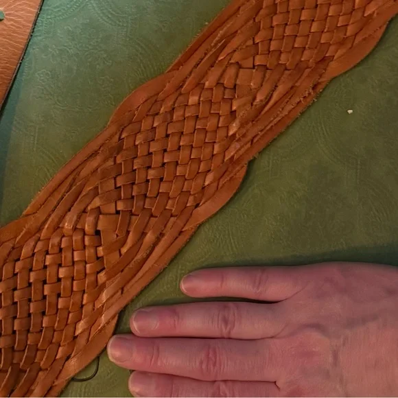 Linea Pelle tan Woven Wide Belt with two enormous D rings as the centerpiece.